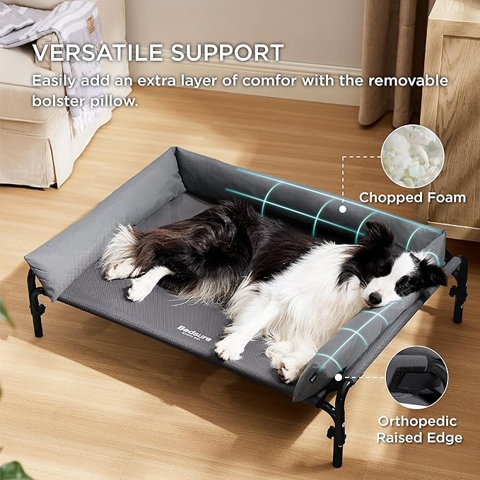 Bedsure XL Elevated Raised Outdoor Dog Bed - Cooling Dog Cot Bed with Bolster for Extra Large Dog, Lifted Pet Bed with Breathable Teslin Mesh, Dog Hammock Bed with Non-Slip Feet, Grey, 42 inches
