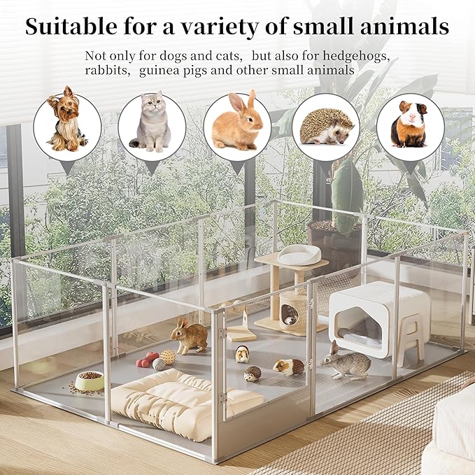 Dog Clear Playpen Fence Kennel: 10Panels Indoor Transparent Whelping Box Pen Cage with Waterproof whelping pad - Extra Long Acrylic Exercise Kennel with Metal Frame for Cats Puppy Rabbits Guinea Pig