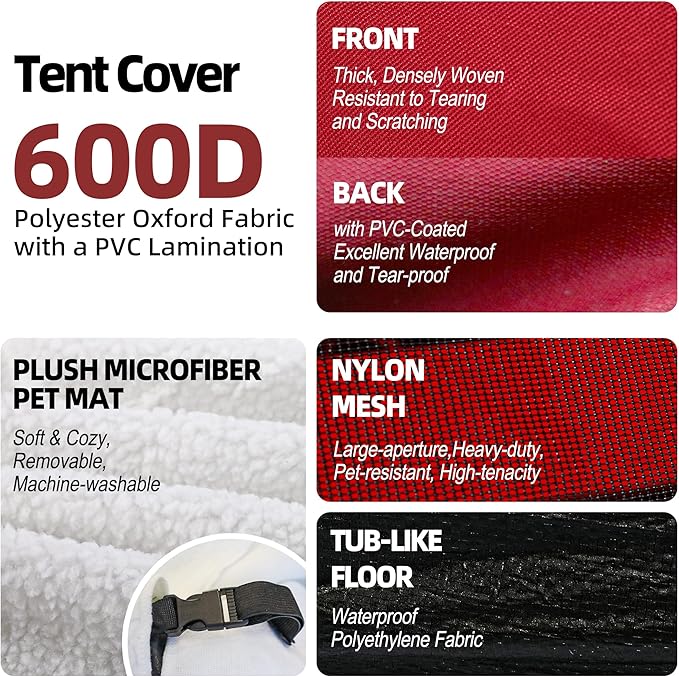GDanes Red Dog Tent House - Portable Indoor/Outdoor Dog Bed with Soft Pad for Large Dogs, 42 x 42 x 32 Inches