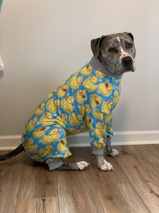 Tooth & Honey Pit Bull Pajamas – Rubber Duck Print Lightweight Pullover with Full Coverage – Yellow with Grey Trim Dog PJs