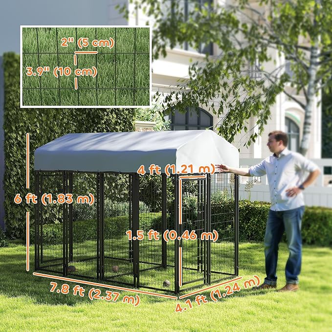 PawHut Outdoor Dog Kennel with 2 Rooms, 8' x 4' x 6' Heavy Duty Welded Wire Dog Playpen Enclosure with Escape-Proof Lock, UV-Resistant & Waterproof Cover, for Large Dogs, Silver