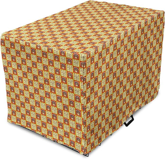 Lunarable Thanksgiving Dog Crate Cover, Checkered Pattern with Funny Cartoon Gobbler and Fallen Autumn Leaves, Easy to Use Pet Kennel Cover for Medium Large Dogs, 48 Inch, Red Yellow Brown