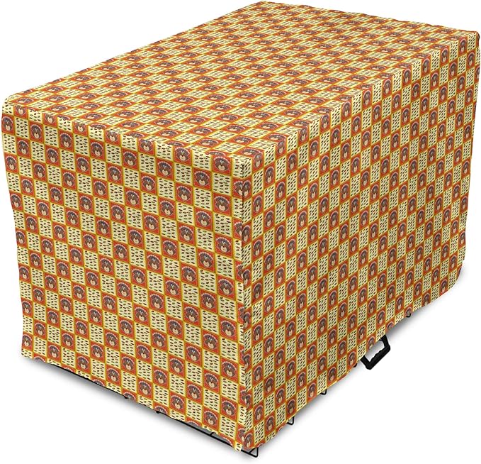 Lunarable Thanksgiving Dog Crate Cover, Checkered Pattern with Funny Cartoon Gobbler and Fallen Autumn Leaves, Easy to Use Pet Kennel Cover for Small Dogs Puppies Kittens, 22 Inch, Red Yellow Brown