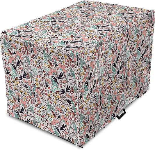 Ambesonne Wildflower Dog Crate Cover, Colorful Romantic Spring Buds Flowers and Leaves Repetition, Easy to Use Pet Kennel Cover for Cats & Medium Dogs, 24 Inch, Blush Salmon