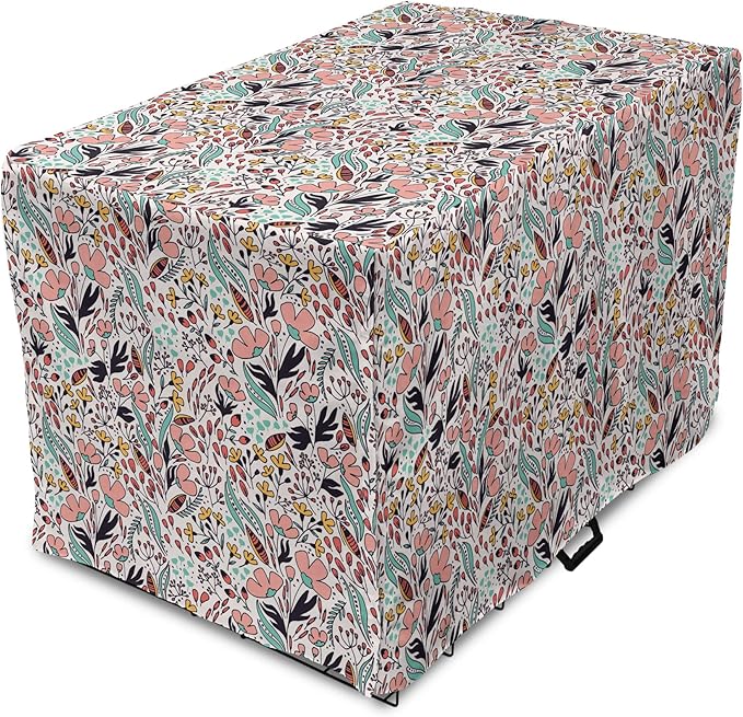 Ambesonne Wildflower Dog Crate Cover, Colorful Romantic Spring Buds Flowers and Leaves Repetition, Easy to Use Pet Kennel Cover for Cats & Medium Dogs, 24 Inch, Blush Salmon