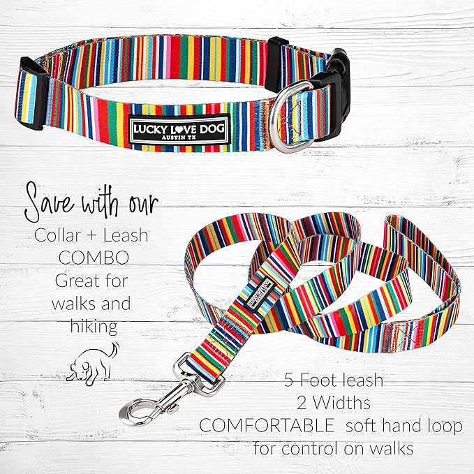 Lucky Love Dog Combo Set, Rainbow Dog Collar & Leash Set for Medium Dogs, Colorful Matching Collar and Leash Set for Girl or Boy Dogs, Hippie Combo, Medium