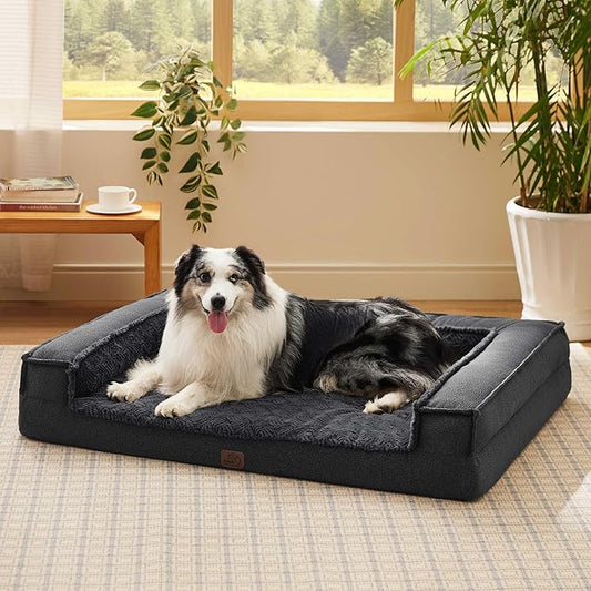 Bedsure Orthopedic Dog Bed for Extra Large Dogs - Egg Foam Dog Sofa Bed, Bolster Couch Pet Bed with Removable Waterproof Washable Cover, Comfy Plush Velvet Fluff Surface, Nonskid Bottom, Charcoal