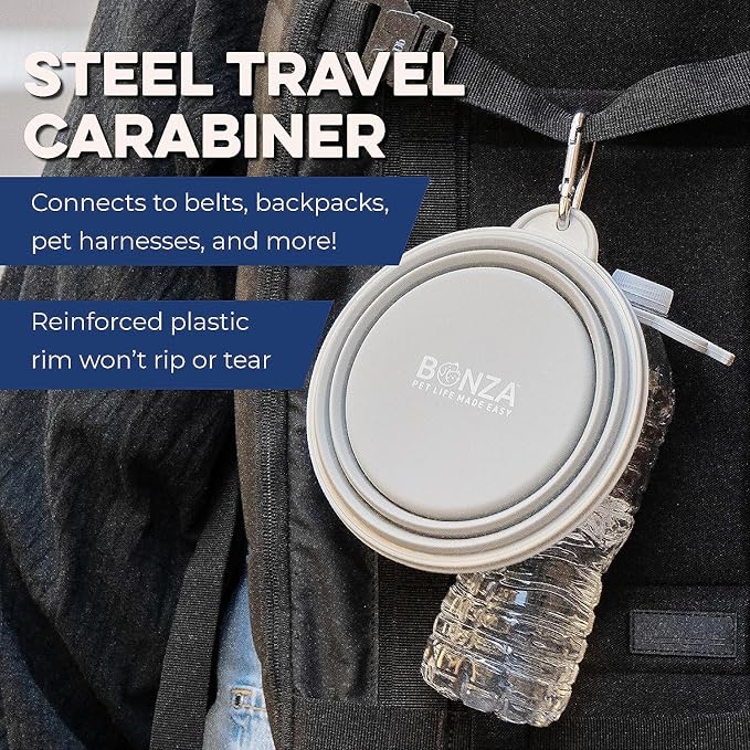 Bonza by Leash Boss Small Collapsible Dog Bowl, Sturdy Reinforced Rim, Includes Carabiner & Water Bottle Holder Keychain, Blue