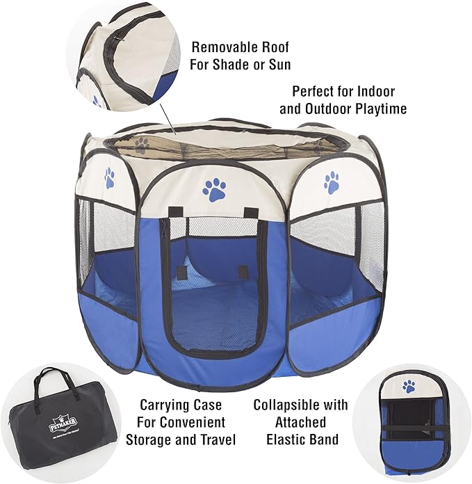 Pop-Up Pet Playpen - Indoor and Outdoor Dog Pen with Carrying Case - Portable Pet Enclosure for Dogs, Cats, and Other Small Animals by PETMAKER (Blue)