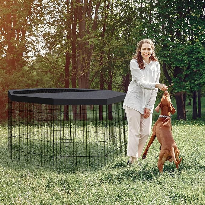 Dog Pen Pet Playpen Dog Fence Indoor Foldable Metal Wire Exercise Puppy Play Yard Pet Enclosure Indoor Outdoor 8 Panels 30 Inch with Bottom Pad/Top Cover(Black 30 top Cover)