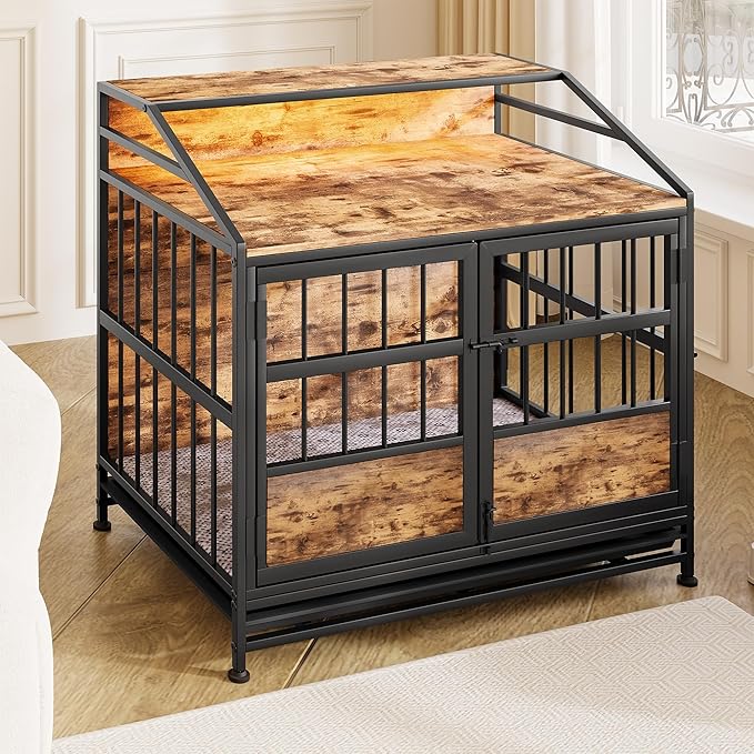 Ball & Cast 24" Multi-Function Dog Crate Furniture with Storage,3-Door Access Wooden Kennel for 26-40 lbs Dogs,Double Doors with Pull-Out Tray,Waterproof Indoor Pet House,Easy Assembly,Black Brown