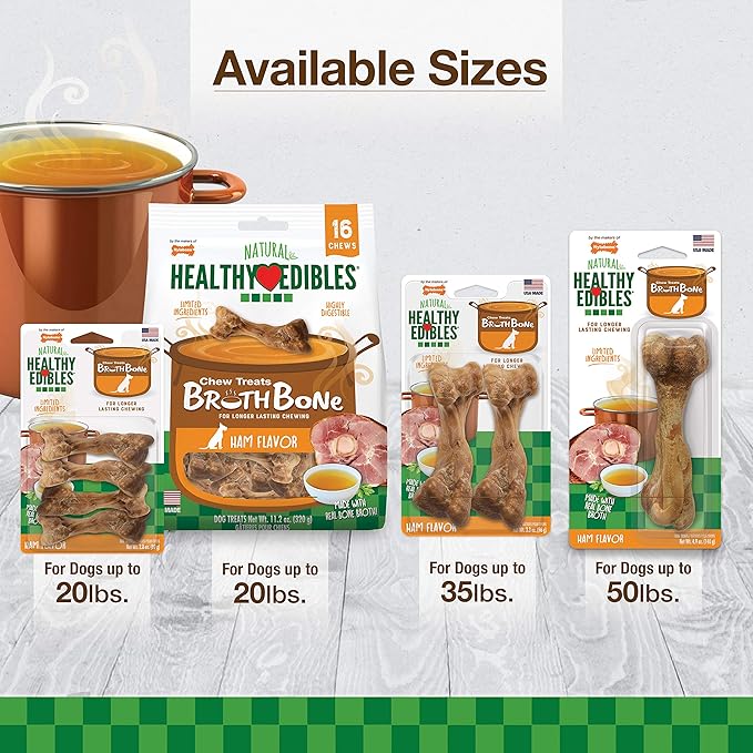 Nylabone Healthy Edibles Broth Bone Natural Dog Chews Long Lasting Treats Ham Flavor Small/Regular - Up to 25 Ibs. (16 Count)