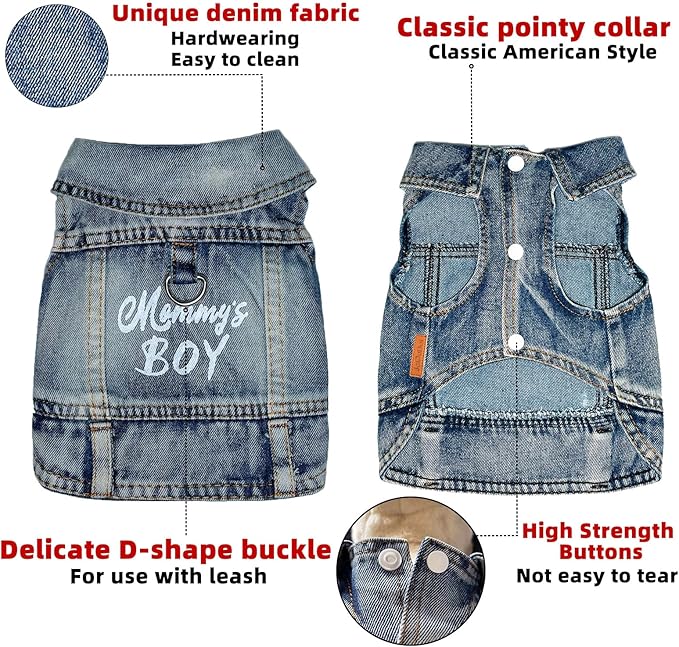 Dog Jeans Jacket Mommy's Boy Denim,Breathable Cotton Blue Pet Coat for Puppy Small Dogs Classic Overalls Male Cat Costumes Apparel Washed Vest Clothes Outfit T-Shirts（Medium）