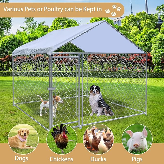 Outdoor Dog Kennel Outside with Waterproof Cover, Large Dog House with Safety Locks Door, Heavy Duty Dog Pens Run Enclosure Cage for Backyard Garden Lawn, 6.6 × 6.6 × 5FT
