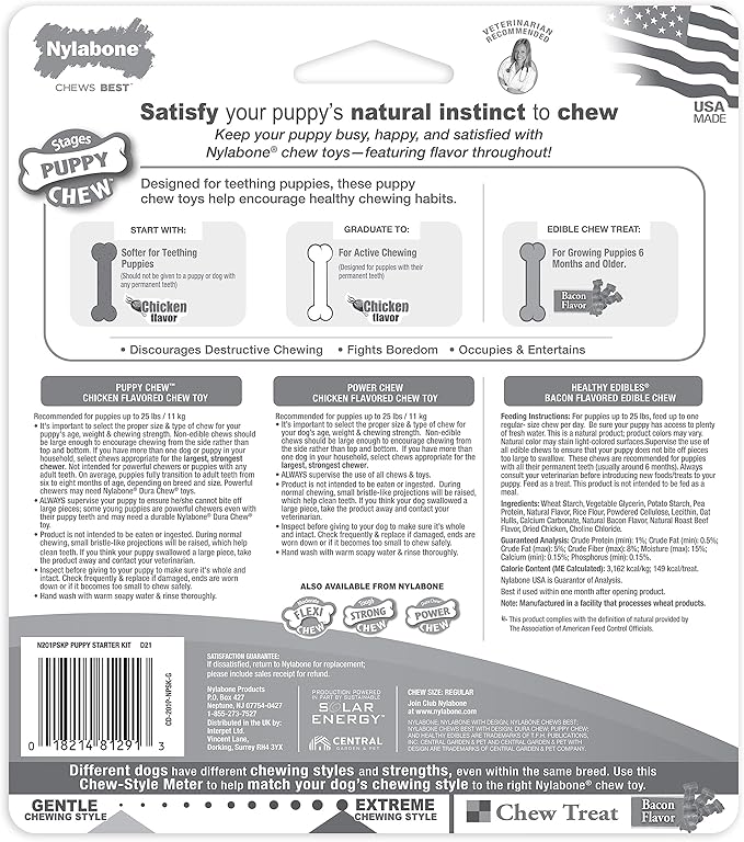Nylabone Teething Puppy Chew Starter Kit, Two Puppy Chew Toys and Puppy Chew Treat, Puppy Supplies, Chicken & Bacon Flavor, Small/Regular (3 Count)