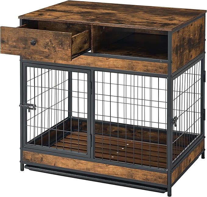 NicBex Dog Crate Furniture Dog Cage with 2 Doors and Drawers, Dog Kennels for Inside Space, Wooden Dog Crate with Stable Frame for Medium and Small Dogs, Antique Brown