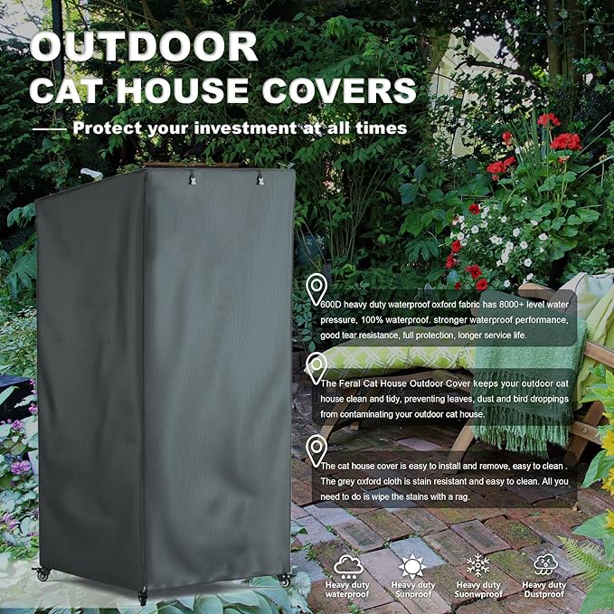 Outdoor Cat House Cover, Extremely Waterproof Feral Cattery Cat Cover, Cat Enclosure Cover, 600 D Heavy Duty Rain Sheet , 32x32x71 in (Cover only) Grey, Mx-1869-B
