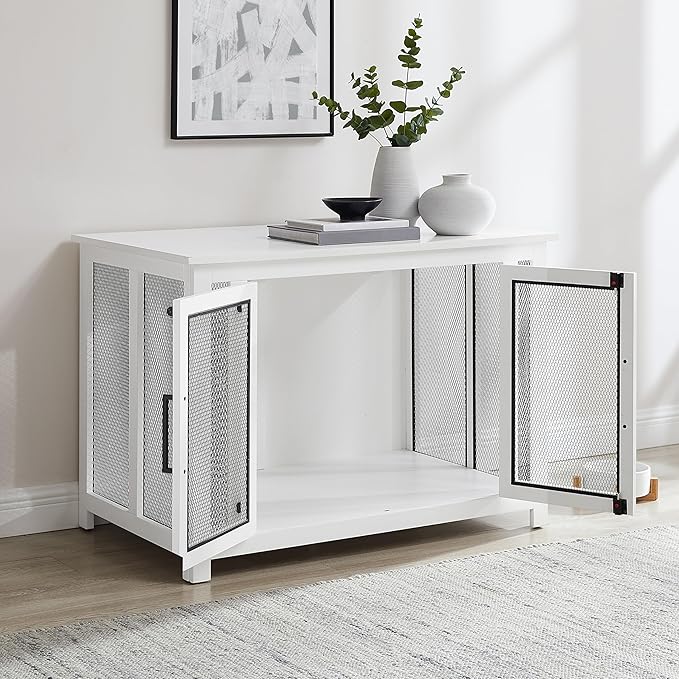 Crosley Furniture Dane Credenza Console Table Dog Crate Kennel for Pets, White