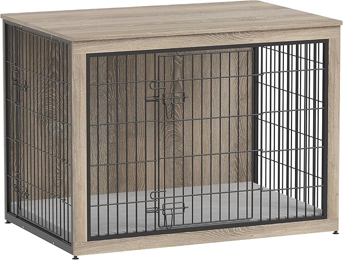 Piskyet Dog Crate Furniture with Cushion,Heavy-Duty Reinforced Metal Mesh,44" Wooden Dog Crate End Table with Double Doors,Indoor Dog Kennel,Dog Cage Side Table for Large Breed,Grey