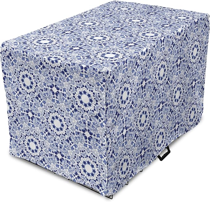 Lunarable Traditional Dog Crate Cover, Circular Flowers and Stripes Russian Gzhel Pattern Classic Motifs, Easy to Use Pet Kennel Cover for Medium Large Dogs, 42 Inch, Pale Blue