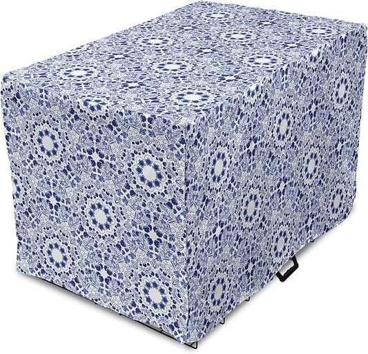 Lunarable Traditional Dog Crate Cover, Circular Flowers and Stripes Russian Gzhel Pattern Classic Motifs, Easy to Use Pet Kennel Cover for Medium Large Dogs, 36 Inch, Pale Blue