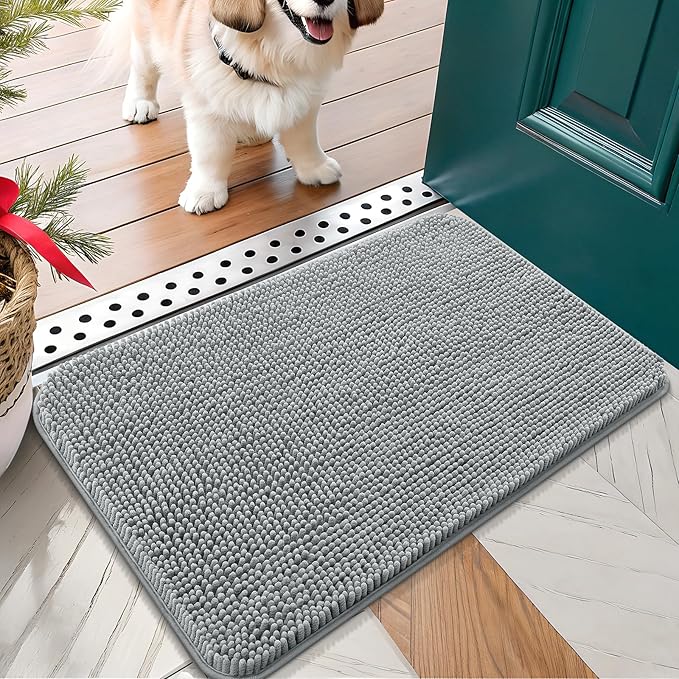 OLANLY Dog Door Mat for Muddy Paws 24x16, Absorbs Moisture and Dirt, Absorbent Non-Slip Washable Mat, Quick Dry Chenille, Mud Mat for Dogs, Entry Indoor Door Mat for Inside Floor, Grey