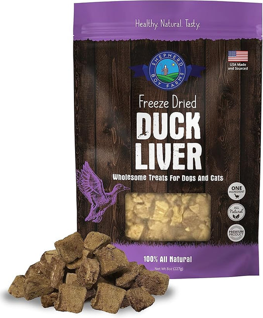 Freeze Dried Dog and Cat Treats, Duck Liver, All Natural Single Ingredient Freeze-Dried Dog Treat & Dog Snacks, Made in USA, High Protein, Essential Nutrition of Raw Dog Food, 8oz