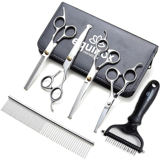 Equinox Dog Grooming Scissors & Deshedder - 7 in 1 Pet Grooming Scissors Set with undercoat brush - Curved Dog Scissors with safety tips - Includes Thinning & Rounded Shears - For dogs & cats