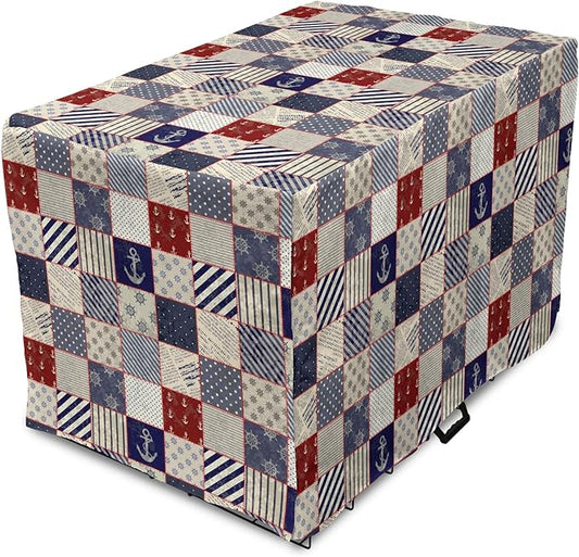 Lunarable Geometric Dog Crate Cover, Checkered Pattern Pale Nautical Design Elements Grunge Effect, Easy to Use Pet Kennel Cover for Cats & Medium Dogs, 30 Inch, Navy Blue Beige