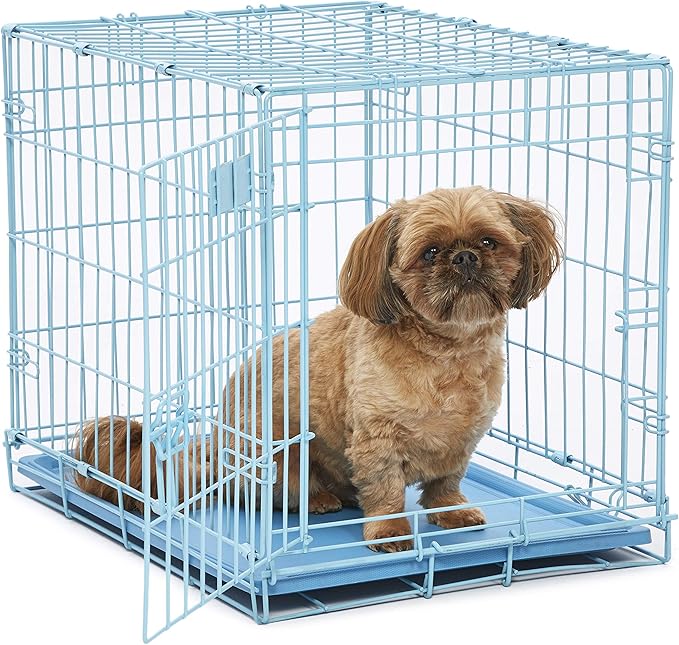 MidWest Homes for Pets Single Door Blue Folding Metal Dog Crate w/ Divider Panel, Floor Protecting 'Roller' Feet & Leak Proof Plastic Tray, 24L x 18W x 19H Inches, Small Dog Breed