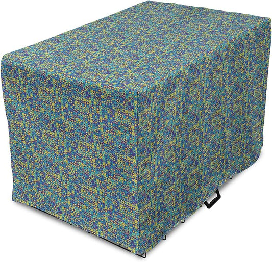 Lunarable Yellow and Blue Dog Crate Cover, Circles Squares and Triangles Mosaic Pattern with Dots Vibrant, Easy to Use Pet Kennel Cover for Medium Large Dogs, 36 Inch, Purple Sky Blue Yellow