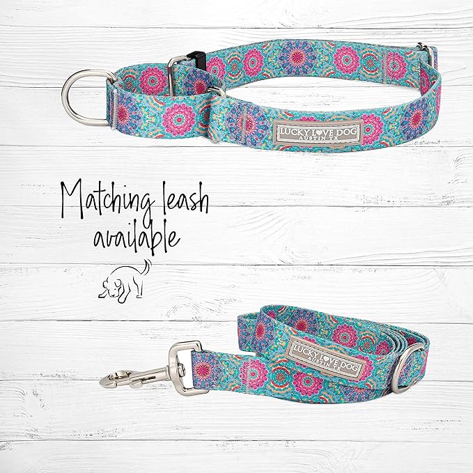 Lucky Love Dog, Boho Chic Martingale Dog Collar for Girl Boy Dogs, Premium No Slip Collar, Vivid Pink and Turquoise Martingale Collar for Dogs (Large, Clara Mart)