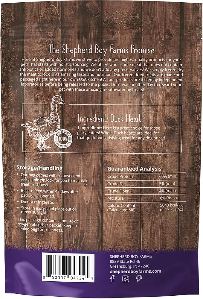 Freeze Dried Dog and Cat Treats, Duck Heart, All Natural Single Ingredient Freeze-Dried Dog Treat & Dog Snacks, Made in USA, High Protein, Essential Nutrition of Raw Dog Food, 8oz