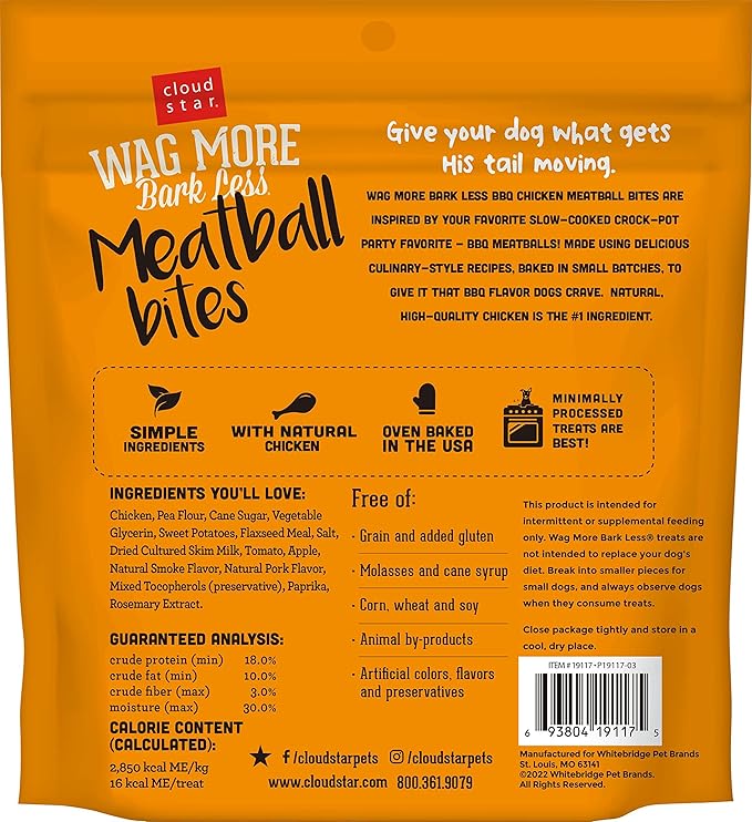Cloud Star Wag More Bark Less Grain Free Meatball Bites, BBQ Chicken Recipe, 14 oz.