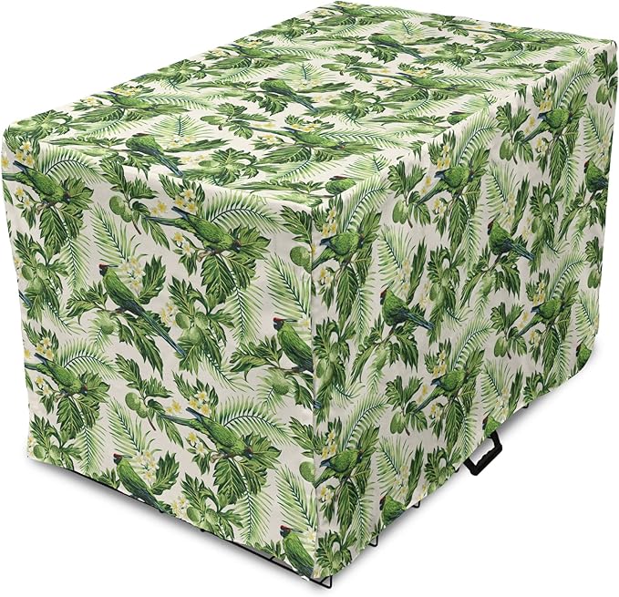 Lunarable Green Dog Crate Cover, Exotic Tropic Pattern with Palm Leaves Breadfruits Plumeria Flowers and Parrots, Easy to Use Pet Kennel Cover for Small Dogs Puppies Kittens, 22 Inch, Lime Green Cream
