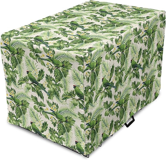 Lunarable Green Dog Crate Cover, Exotic Tropic Pattern with Palm Leaves Breadfruits Plumeria Flowers and Parrots, Easy to Use Pet Kennel Cover for Medium Large Dogs, 42 Inch, Lime Green Cream