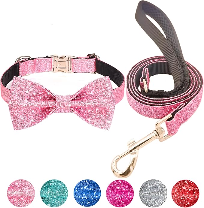 Bling Bow Tie Dog Collar and Leash Set, Cute Pink Girl Dog Collar with 5ft Leash for Small Medium Dogs Daily Walking or Holiday Party (Neck fit 11-16’’)
