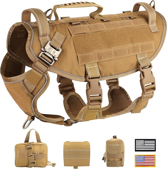 PET ARTIST [Upgrade] Tactical Dog Harness for Hiking Training, No Pull Vest Harness for Medium Large Dogs, with Pouches and Patches Brown, L