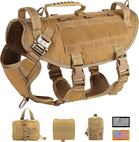 PET ARTIST [Upgrade] Tactical Dog Harness for Hiking Training, No Pull Vest Harness for Medium Large Dogs, with Pouches and Patches Brown, L