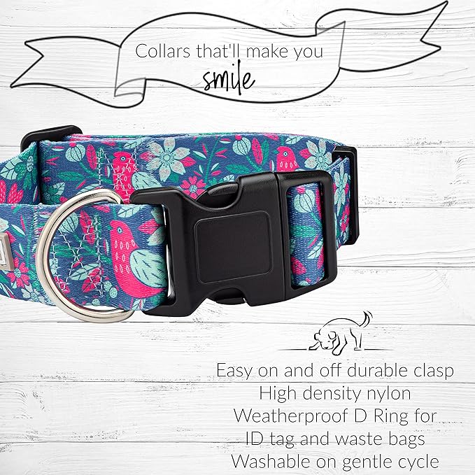 Lucky Love Dog Wide Dog Collar - Adjustable, Durable, Soft Webbing, & Comfortable 1.5 inch Wide Collar for Dogs Male and Female - in Carriebelle Pattern with Strong Buckle, X-Large Size