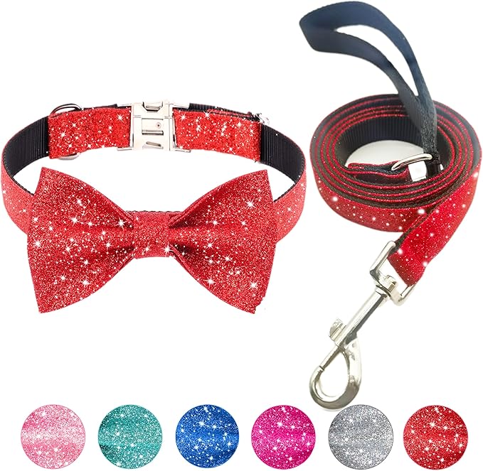 Bling Bow Tie Dog Collar and Leash Set, Red Christmas Dog Collar with Bow and 5ft Leash for Small Medium Dogs, Cute Walking Boy and Girl Dog Collar Set (Neck fit 11-16’’)