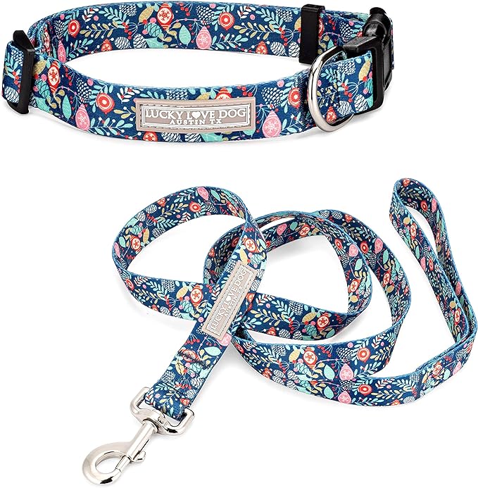 Lucky Love Dog, Blue Winter Pinecones Dog Collar and Leash Set, Vivid Winter Ornaments Dog Collar and Leash for Girl or Boy Dogs - (Large, SweetHoliday Combo)