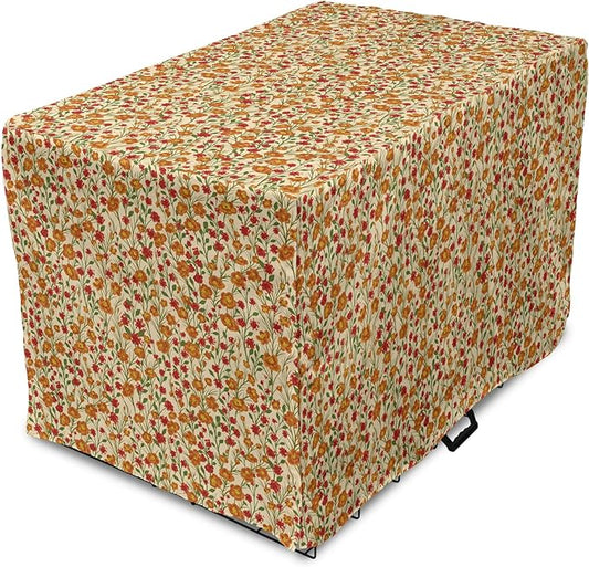 Ambesonne Floral Dog Crate Cover, Burgeoning Flowers Small Flora Scene Foliage Meadow Setting Vintage Garden Art, Easy to Use Pet Kennel Cover for Cats & Medium Dogs, 30 Inch, Beige Multicolor