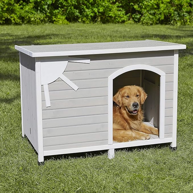 Midwest Homes for Pets Eilio Folding Outdoor Wood Dog House, No Tools Required for Assembly | Dog House Ideal for Large Dog Breeds, Beige (12EWDH-L)