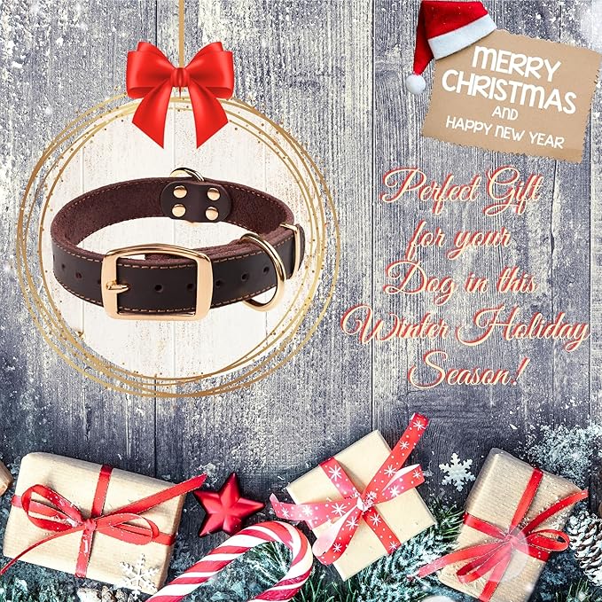 ADITYNA - Heavy Duty Leather Dog Collar for Large Dogs - Soft and Strong Leather Dog Collar for Walking and Training (Black - Gold Colored Buckle, Large: Fit 17" - 23" Neck)