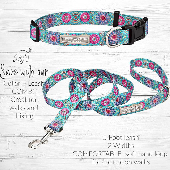 Lucky Love Dog, Boho Chic Dog Collar for Girl Boy Dogs, Vivid Pink and Turquoise Collar for Dogs, Comfortable, Soft, Cute Collars - (Large, Clara Collar)