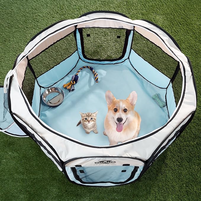 Pop-Up Pet Playpen - 38-Inch Indoor and Outdoor Dog Kennel with Carrying Bag - Portable Pet Enclosure for Dogs and Small Animals by PETMAKER (Blue)