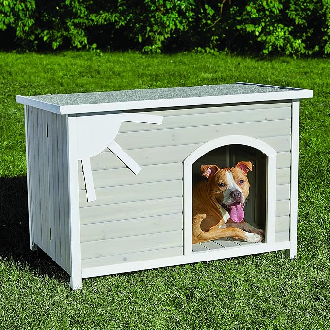 MidWest Homes for Pets Eilio Folding Outdoor Wood Dog House, No Tools Required for Assembly | Dog House Ideal for Medium Dog Breeds, Beige (12EWDH-M)