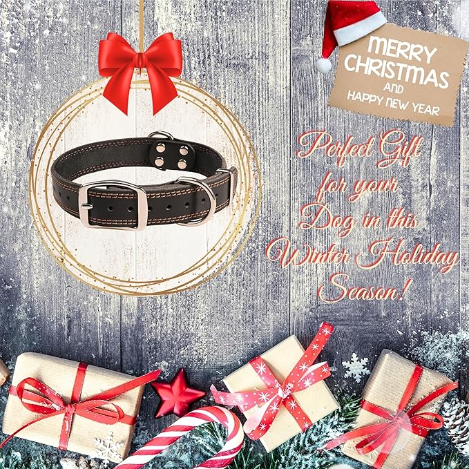 ADITYNA Heavy Duty Leather Dog Collar for Large Dogs - Soft and Strong Leather Dog Collar for Walking and Training (Large: Fit 17" - 23" Neck, Black)