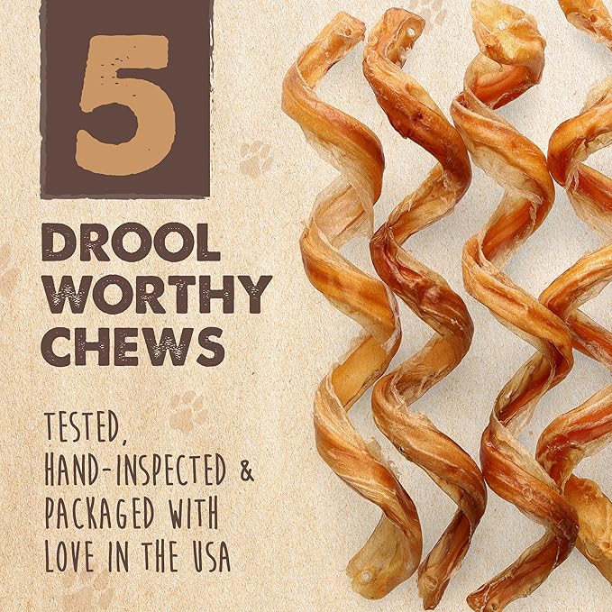 Mighty Paw Naturals Curly Bully Sticks for Dogs - Grass Fed Beef Dog Chews. Dog Bully Sticks for Large Dogs, Medium, Small Breeds. Lower Odor Bully Sticks for Small Dogs. Single Ingredient 6” - 5 Pack